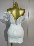 Women White Off The Shoulder Mesh Eveing Party Birthday Prom Nightclub Costumes Elegant Puff Sleeve Ruched Bodycon Mini Dress
