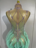 Women Sparkly Rhinestone Eveing Birthday Party Nightclub Bar Stage Costume Sexy Sleeveless Mesh Ruffled See Through Long Dress