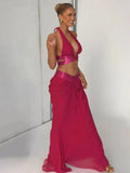Women Metallic Trim 2 Piece Set Halter Deep V Cutout Crop Top High Waist Ruched Draped Mermaid Skirt Suit Lady Evening Outfit