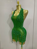 Sexy Sparkly Rhinestones Halter Backless Mesh Velour Short Dress Women Evening Prom Celebrate Birthday Party Stage Wear