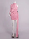 Pink Turtleneck Sleeveless Sexy Mini Dress For Women Fashion Irregular Folds Short Dress Femme Elegant Club Party Dress