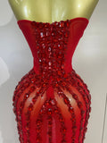 Luxury Sparkly Red Diamond Sexy Strapless Mesh See Through Long Dress Evening Party Birthday Nightclub PhotoShoot Stage Costumes