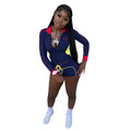Casual Tracksuit 2-Piece Set Women Patchwork Zip Letter Print Jacket+Drawstring Shorts Matching Simple Sporty Outfit