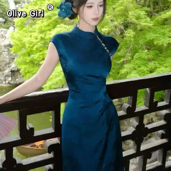 Olive Girl Dramatic Qipao for Ren Faire 2026 Garden Wedding Fairycore Photoshoot Everyday Wear S-XXL XS-3XL Plus Size Dramatic Silhouette Romantic Garden Party Editorial Not Costume Qipao Cheongsam Chinese Dress Chinese Heritage Fashion Women