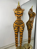 Sparkly Crystal Tiger Stripe Print Women Sexy Sleeveless Stretch Hollow Out Jumpsuit Nightclub Stage Performance Dance Costume