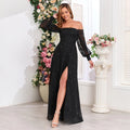 Elegant Luxury Birthday Wedding Party Maxi Dress Prom Evening Sexy  Long Sleeve Slash Neck Formal Women Ball Gown Vestidos