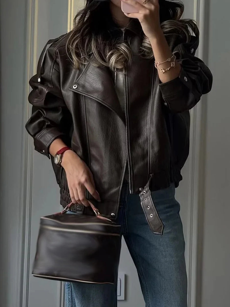 French Retro Pu Leather Jacket for Women Stand Collar Long Sleeve Patchwork Button Temperament Loose Coat Female
