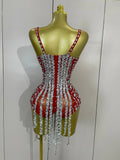 Sexy Sparkly Rhinestones Long Tassels Red Mesh Stretch Bodysuits Women Eveing Party Birthday Nightclub Performance Stage Costume