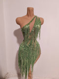 Women One Shoulder Sexy See-Through Sparkly Rhinestones Tassel Green Dress Latin Dance Outfits Bar Nightclub Party Stage Costume