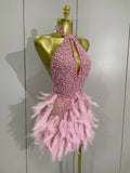 Women Sexy Celebrate Birthday Dress Luxury Rhinestones Pearls Feathers Halter Backless Short Dress Nightclub Bar Stage Costume