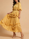 Elegant Chiffon Layered Ruffles Design Dress for Women Short Sleeves Waist Belt Spliced Diamonds Accent for Afternoon Tea