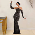 Beautiful Rhinestone Sheer Mesh Maxi Dress With Gloves Glam See-Through Diamonds Long One-Piece Dress Birthday Outfits