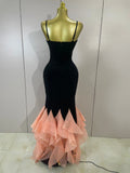 Women Black Bodycon Mermaid Bandage Long Dresses With Pink Ruffles Sexy V Neck Birthday Party Prom Gown Celebrities Eveing Dress