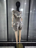 Sparkly Silver Diamond 3D Butterfly Sheer See Through Bodycon Jumpsuit Eveing Party Birthday Bar Nightclub Sexy Stage Costumes