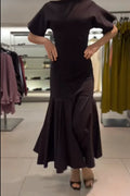 Elegant Patchwork Maxi Dress Women Solid Round Neck Short Sleeve Slim Fit Gowns Lady 2026 New Basic Evening Casual Summer Robes