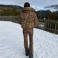 Women Leopard Print Hooded Ski Suit Set Waterproof Windproof Snow Jacket Pants Two Piece Outfit Winter Snowboard Skiing Costume