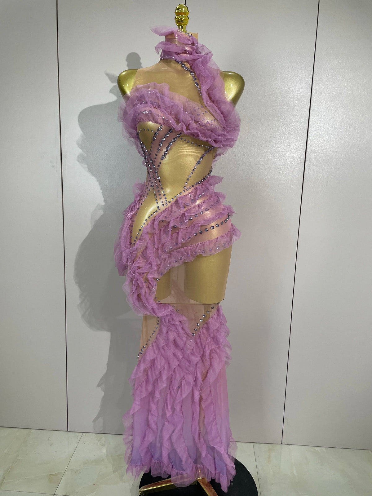 2026 Sparkly Rhinestone Ruffled Mesh See-Through Long Dress Women Birthday Eveing Party Sexy Photo Shoot Nightclub Stage Costume