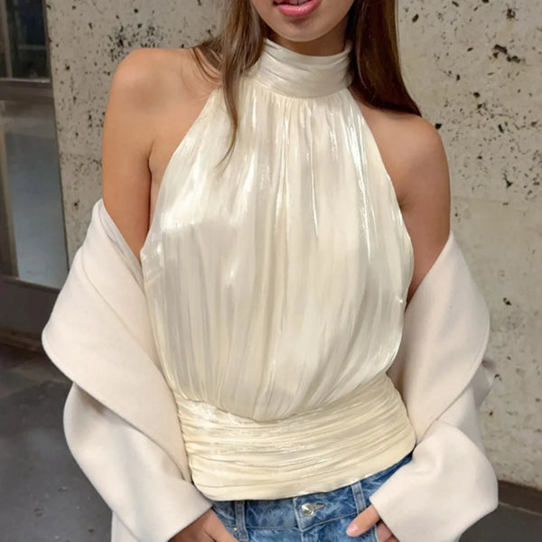 High End Sexy Shiny Fabric Halter Neck Vest Female Sleeveless Ruched Design Backless Tank Top for Chic Daily Outing