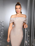 Women Sexy Off the Shoulder Pearl Bead Diamond Bodycon Long Bandage Dress Nightclub Party Evening Birthday Celebrate Wear
