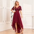 Women Elegant V-neck Ruffle Short Sleeve Evening Dress A-Line Fluffy Gauze Irregular Party Dress Formal High-Low Vestidos