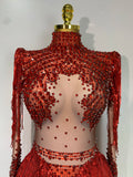 Women Long Sleeve Sexy Stretch Bodycon Shinning Tassels Rhinestones Bodysuit Celebrate Birthday Club Evening Party Stage Outfit