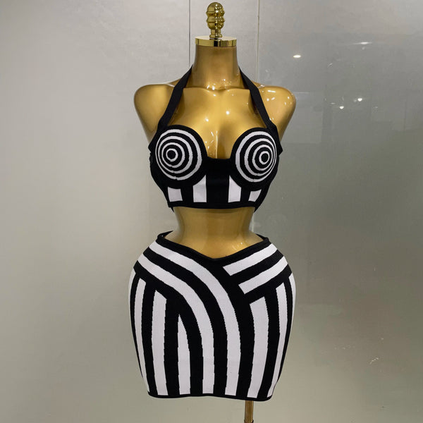 Designer Evening Party Birthday Dress Women Celebrity Sexy Jacquard Black White Two Piece Bodycon Striped Bandage Skirt Set