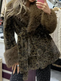 Leopard Print Faux Fur Jacket Womens Long Sleeve Fur Collar Cuff Pockets Coat Autumn Party Winter Streetwear Trendy Outerwear