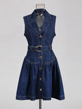 2026 New Blue Sleeveless Women Single-Breasted Belt Short Denim Dresses Woman Retro Slim A Line Mini Dress