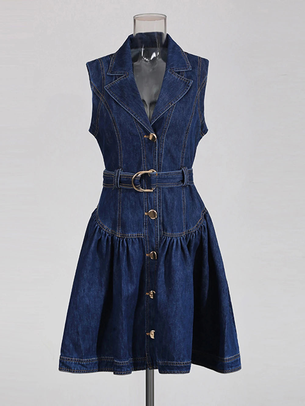 2026 New Blue Sleeveless Women Single-Breasted Belt Short Denim Dresses Woman Retro Slim A Line Mini Dress