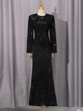 Solid Color Elegant Party Vestido Women'S Spliced Mesh Sequin Slim Long Sleeved Maxi Long Dress