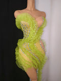 Sparkly Green Diamonds Sexy Mesh Asymmetric Bodycon Mini Dress Celebrate Eveing Birthday Party Nightclub Red Carpet Stage Wear