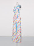 Colorful Print Dresses for Women Diagonal Collar Spliced Hollow Out Sleeveless High Waist Split Dress Female Autumn