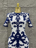 Sexy Short Sleeve Jacquard Blue Bandage Bodycon Long Dress Women Celebrity Elegant Evening Club Party