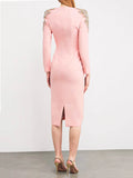 New Arrivals Fashion Luxury Diamond Slim Midi Dress Pink Women'S Long Sleeves Female Formal Dinner Gowns