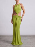 Fashion Halter Cowl Neck Cutout Floor Length Mermaid Dress for Women Backless Thin Strap Draped Ruched Bodycon for Party