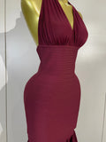 Women Evening Party Prom Gown Birthday Club Dress Sexy Backless Halter Neck Sleeveless Ruffles Pacthwork Bodycon Bandage Dress