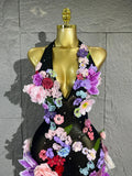 3D Floral Rhinestone Halter Maxi Bodysuit Dress Women Deep V Mesh See-Through Long Gown Carnival Rave Festival Performance Costume