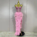 Women Sexy Elegant Evening Party Luxury Birthday Photo Shoot Performance Costume Sparkly Rhinestone Feather Mesh Long Dress