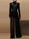 New Fashion 2026 Spring Women's Mesh Splicing Bead Sequin Blazer Wide Legs Chiffon Pants Set Suit Outfit
