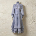 Luxury Afternoon Tea High Neck Pleated Maxi Dress for Women Puff Sleeve Ruched Waist Tiered Flared Skirt for Wedding Guest