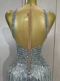Sparkly Silver Diamonds Tassel Mesh Sheer Bodysuits Eveing Birthday Party Latin Dancer Bar Nightclub Sexy Stage Costume