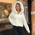 Women Hooded Knit Cardigan Sweater Coat Fluffy Faux Fur Collar Two Way Zip Solid  Loose Casual Jacket 2026 Autumn Winter