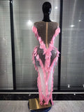 Pink Golden Women Sexy Mesh See Through Bodycon Long Dress 3D Leaves Celebrate Birthday Photoshoot Performance Costumes Wear
