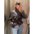 Stand Collar Faux Leather Cropped Jacket Waist Belted Button Long Sleeve Outerwear Winter New Street Women Daily Casual Outfit