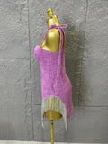 High Quality Women Sexy Strap Purple Cotton Bodycon Mini Dress Diamond Chain Fashion Celebrate Cute Birthday Dress