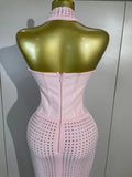 Elegant Evening Party Prom Gown Birthday Dress Women Shining Rhinestones Sexy White/Pink Mesh Halter Bodycon Long Bandage Dress