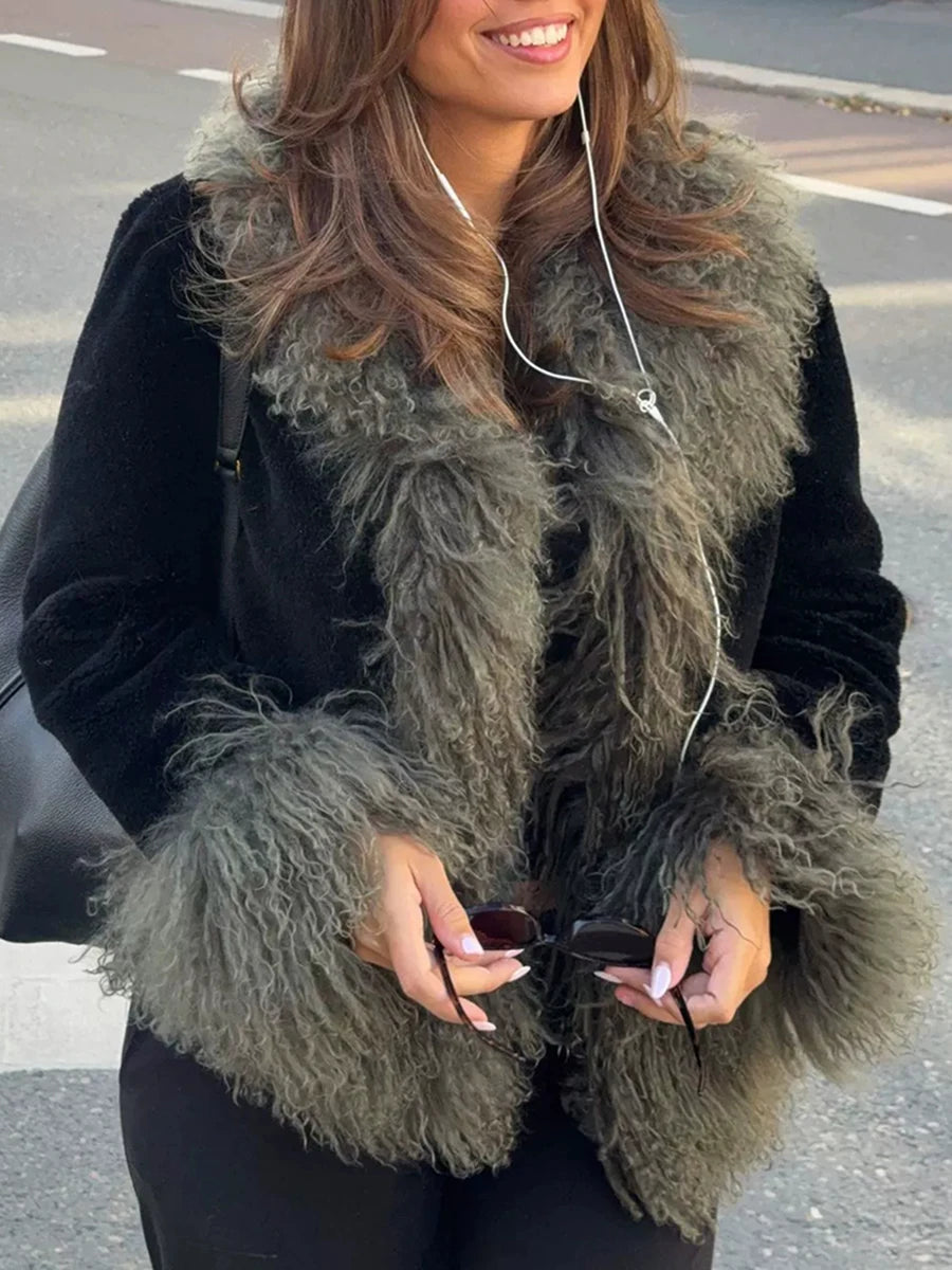 Retro Faux Fur Women Jackets Lapel Long Sleeve Chic Loose Jacket for Street Casual Outing Wear Fashion Autumn New