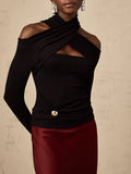 Sexy Off Shoulder Hollow Out Slim T Shirt for Women Halter Long Sleeve Spliced Metal Buckle Temperament Tees Female Fashion