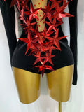 Women Sparkly Gold Rhinestone Black Velvet Long Sleeve Bodysuit Evening Party Club Gala Hosts Night Club Bar Stage Costumes