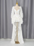 Fashion Style White Cutout Floral Accent Gown for Women Square Collar Puff Sleeve Asymmetric Train Skirt for Beach Elopement